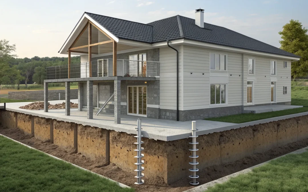 Helical piers installed in exposed soil to support a house foundation.