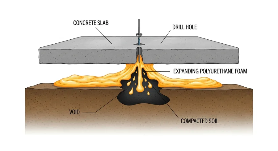 Cross-section diagram showing PolyLEVEL foam injection beneath a concrete slab for concrete leveling