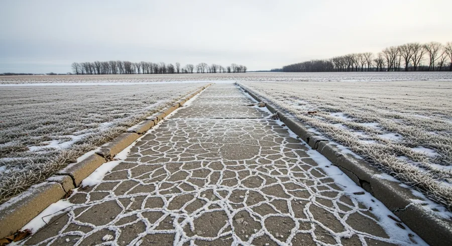 Freeze-thaw damage on a concrete sidewalk in South Dakota winter conditions