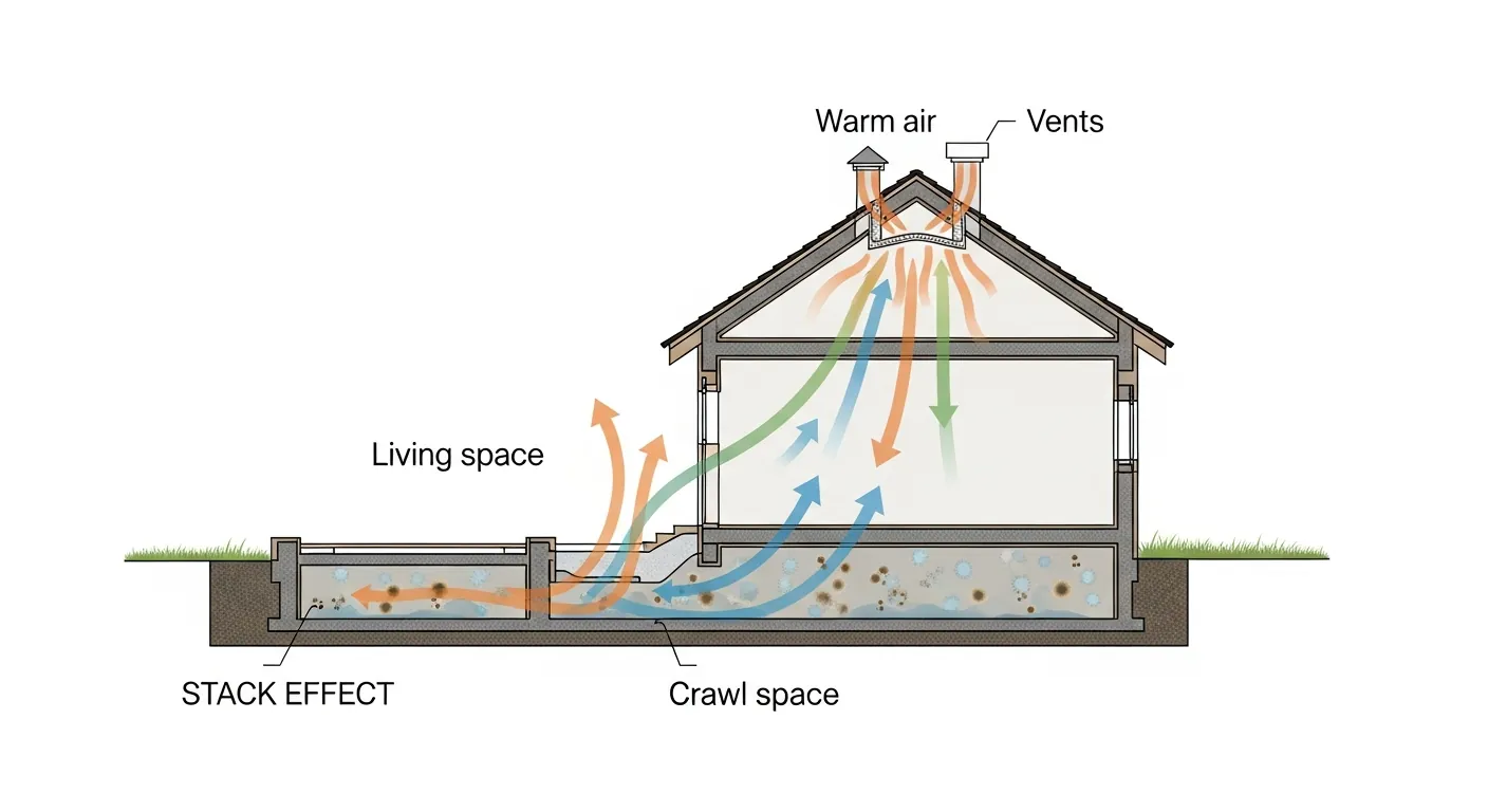 Diagram showing the stack effect pulling mold spores from crawl space into living areas