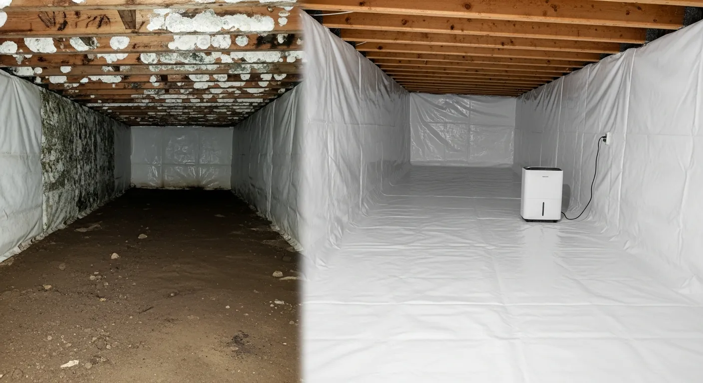 Before and after crawl space encapsulation showing mold remediation results