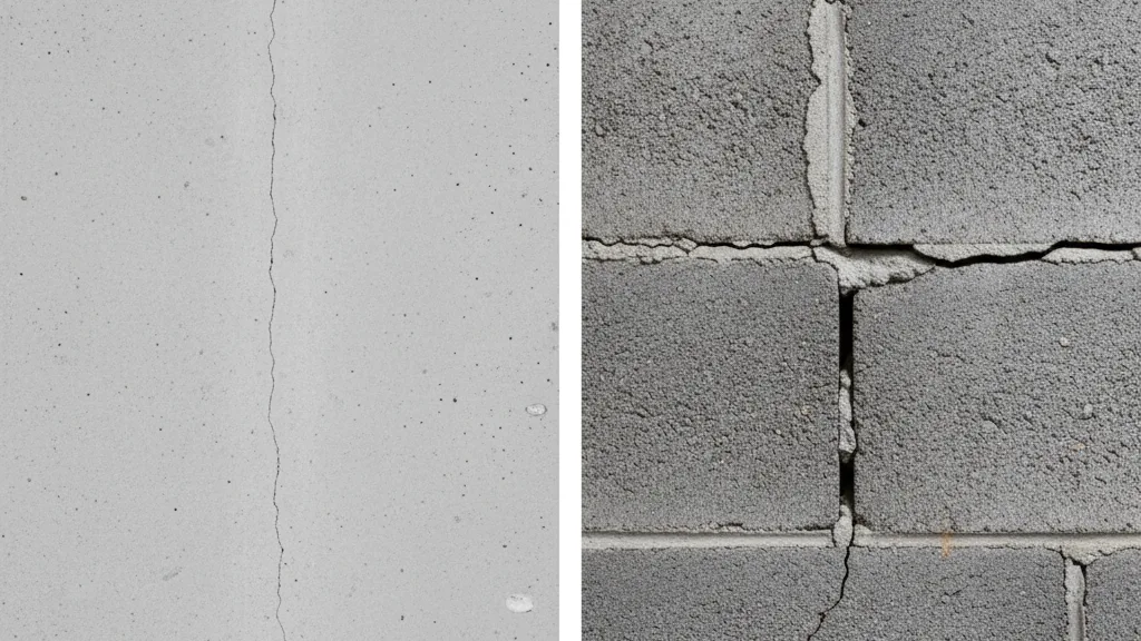 Comparison of harmless vertical hairline crack versus concerning horizontal foundation crack in basement wall