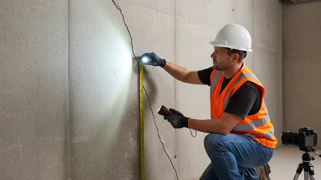 Foundation repair technician inspecting and measuring a diagonal crack on a residential basement wall