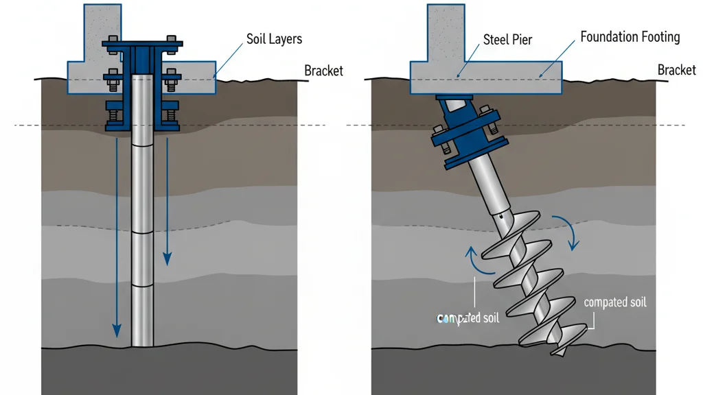 Push piers vs helical piers side-by-side comparison diagram showing installation methods
