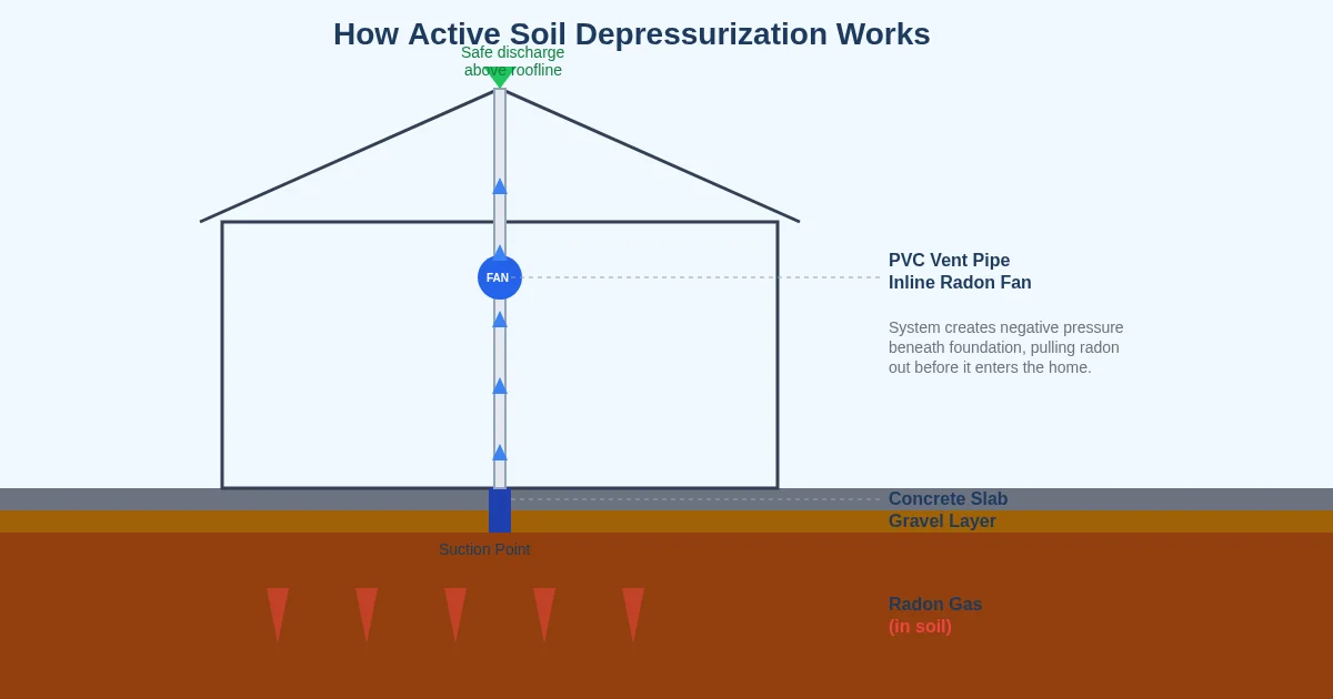 Diagram showing how active soil depressurization radon mitigation system works beneath a home foundation