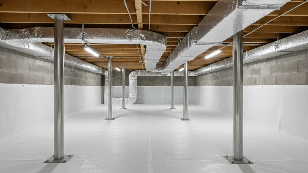 Sealed and encapsulated crawl space with white vapor barrier and support columns