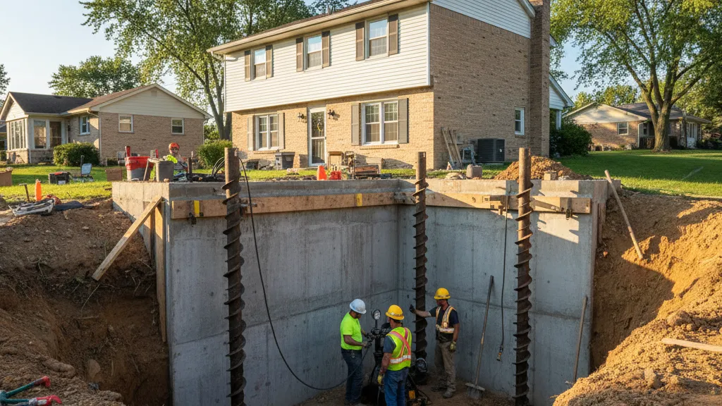 Foundation repair specialists installing steel support piers on a residential home