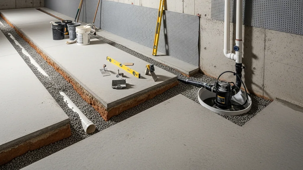 Professional basement waterproofing system with drainage and sump pump installed