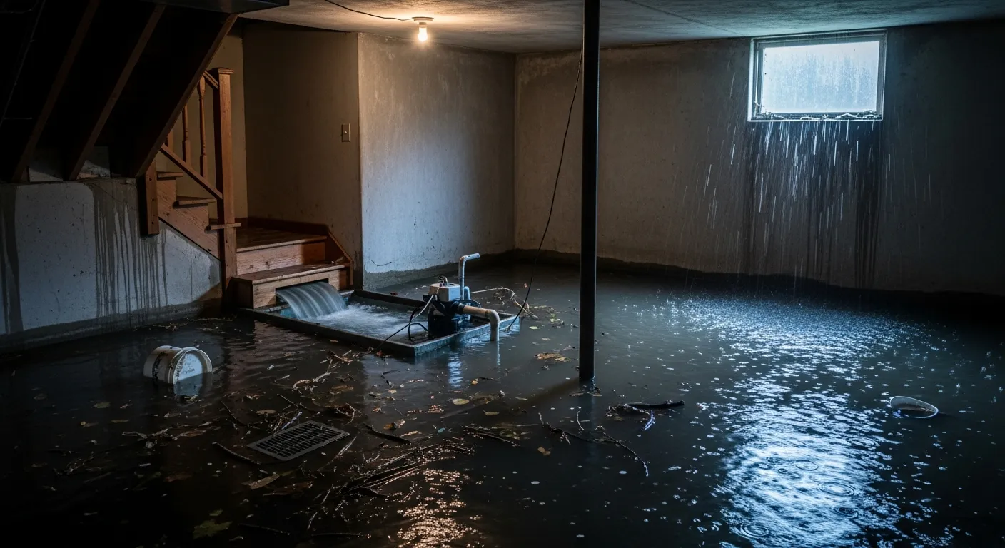 Flooded basement showing consequences of sump pump failure during a storm