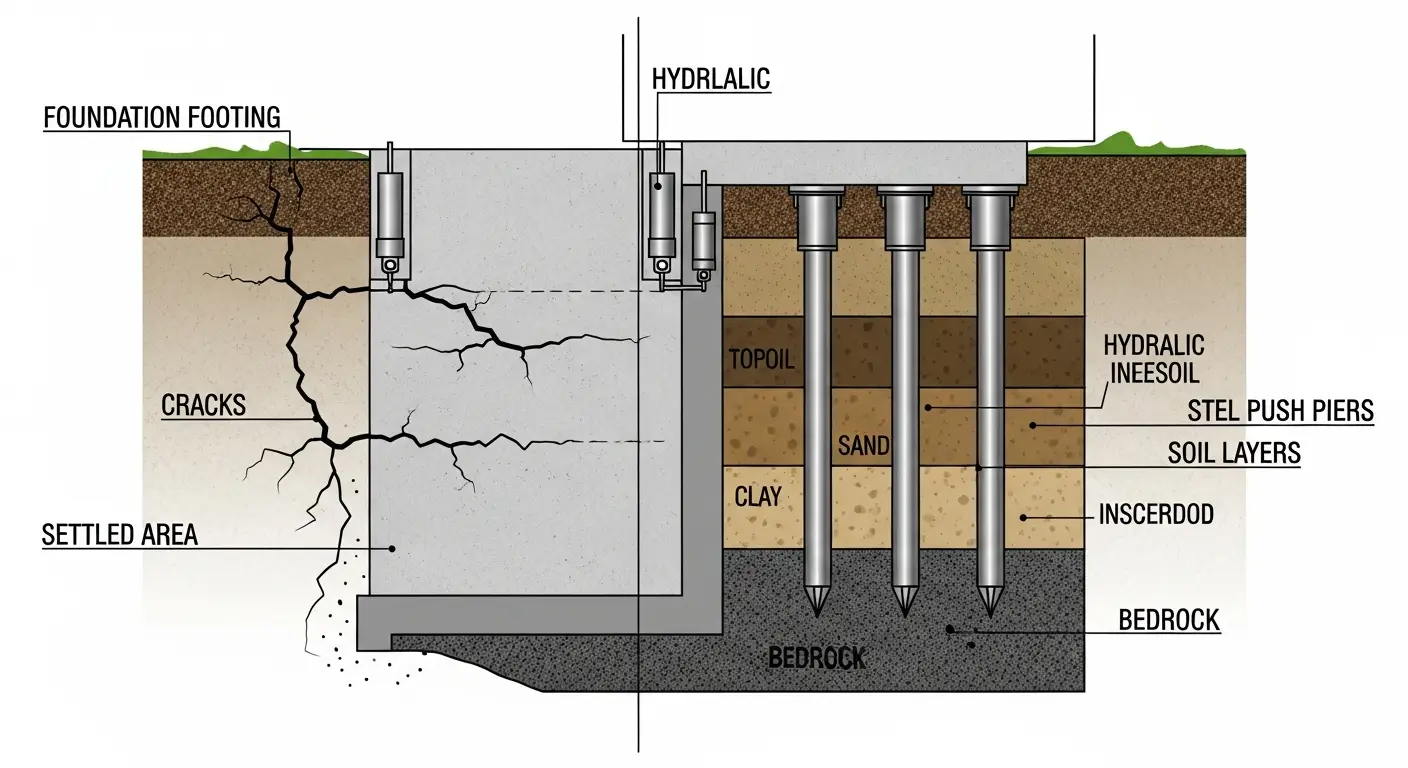 Foundation leveling repair using push piers on a South Dakota home