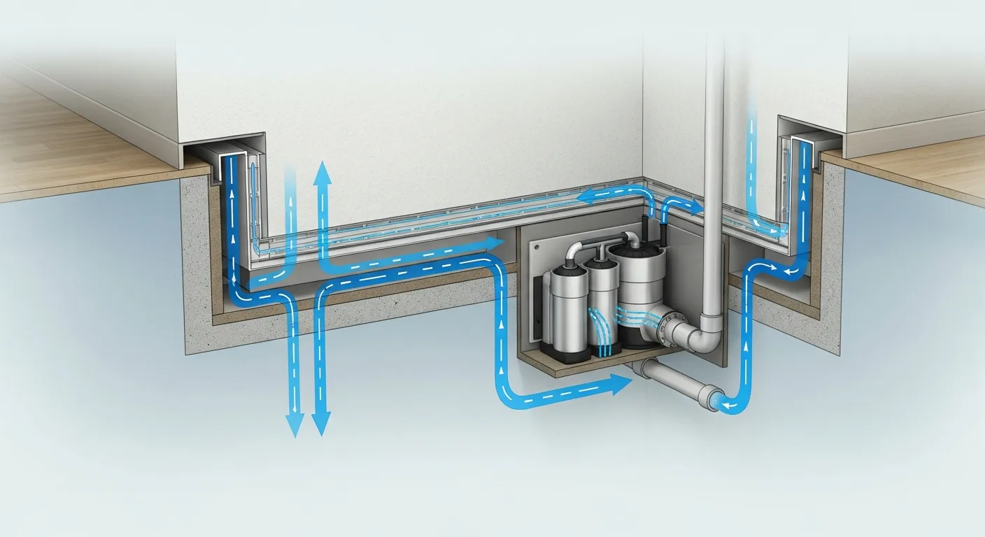 Interior basement waterproofing system with WaterGuard drainage and TripleSafe sump pump