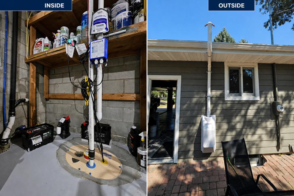Inside and outside views of a residential radon mitigation system with a sealed sump basket