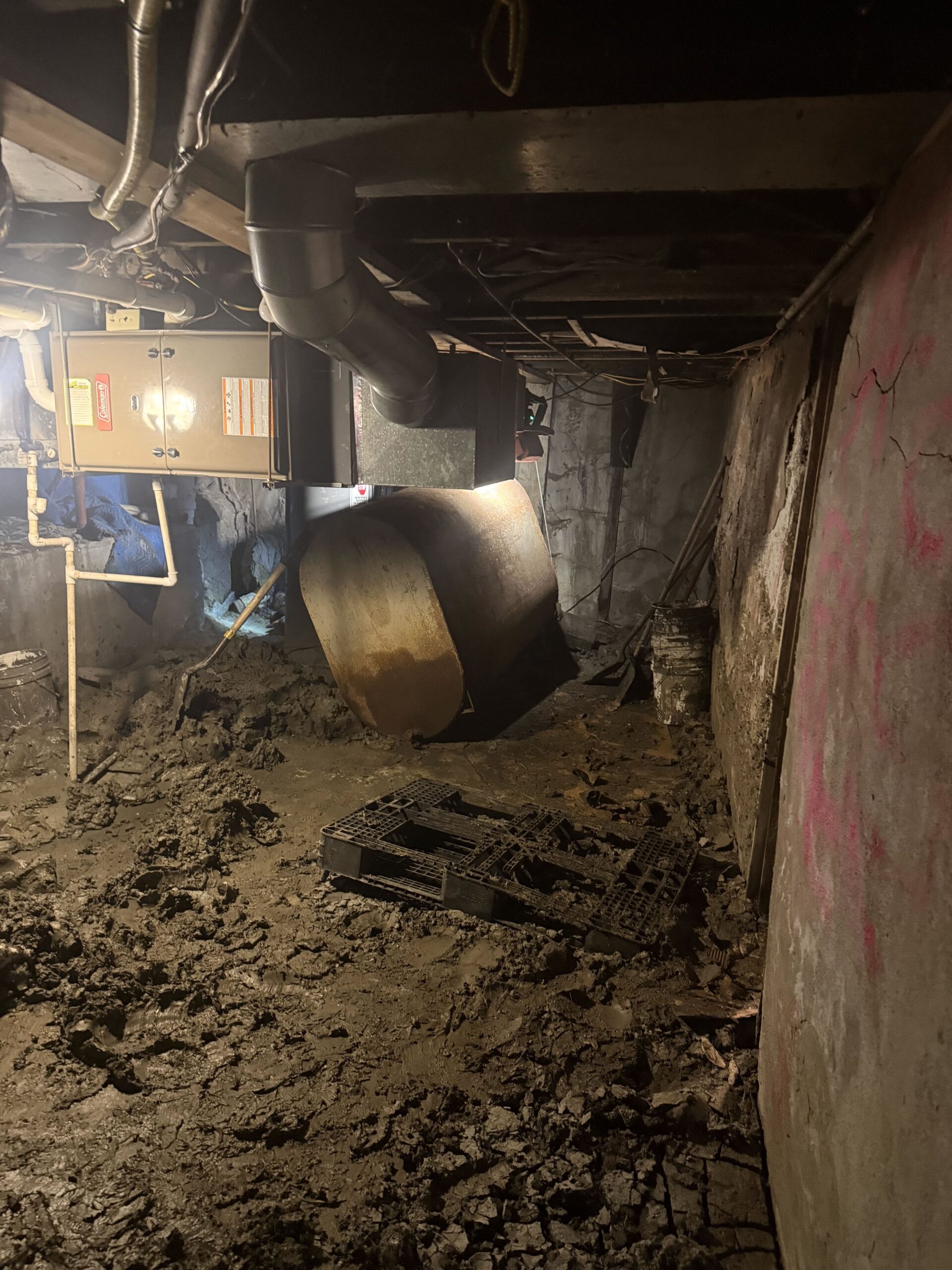 Exposed soil floor and uncovered foundation walls around basement mechanical equipment before CleanSpace installation.